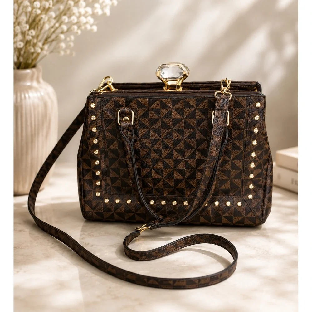 Brown Geometric Print Satchel Handbag Rhinestone Studded Gem Clasp Purse Pretty